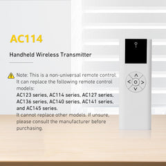 AC114-01 RF 433.92 Control inalámbrico, controlador de persianas de 1 canal para persianas y cortinas enrollables motorizadas