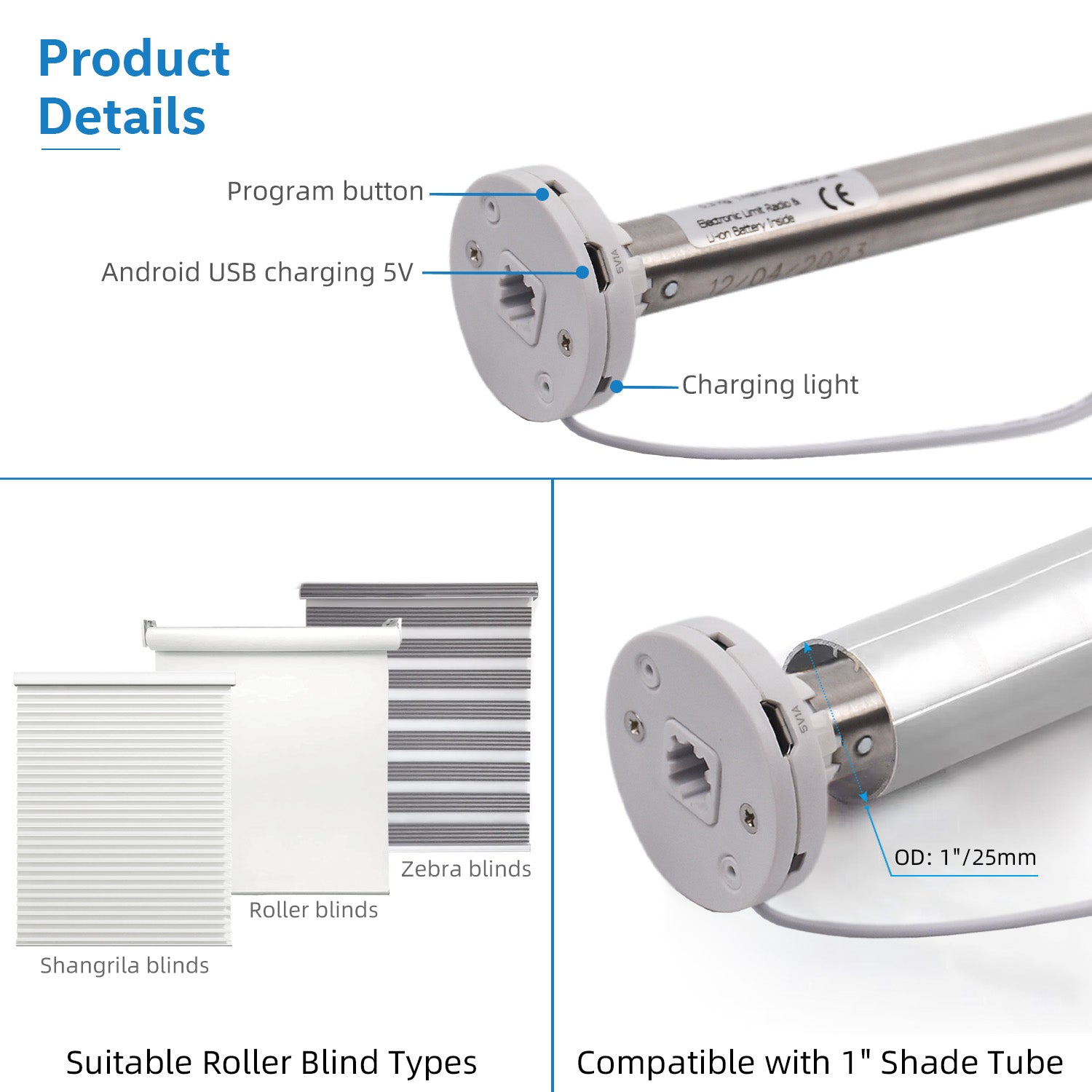 Rechargeable Roller Shade Motor, Working for 1"/25mm Shade Tube.