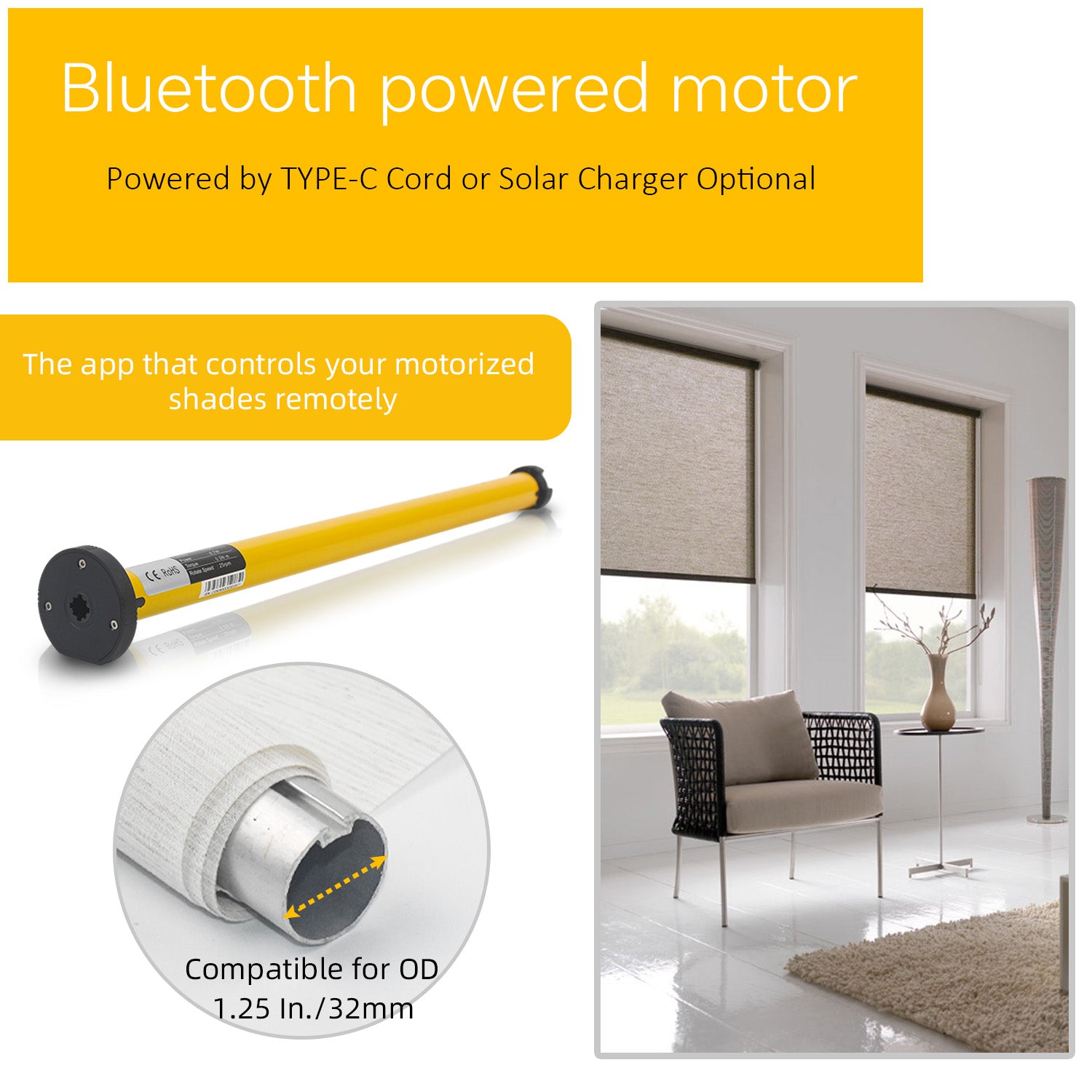 1-1/4" Bluetooth Alexa Blinds Motor 32mm Shade Tube, Rechargeable