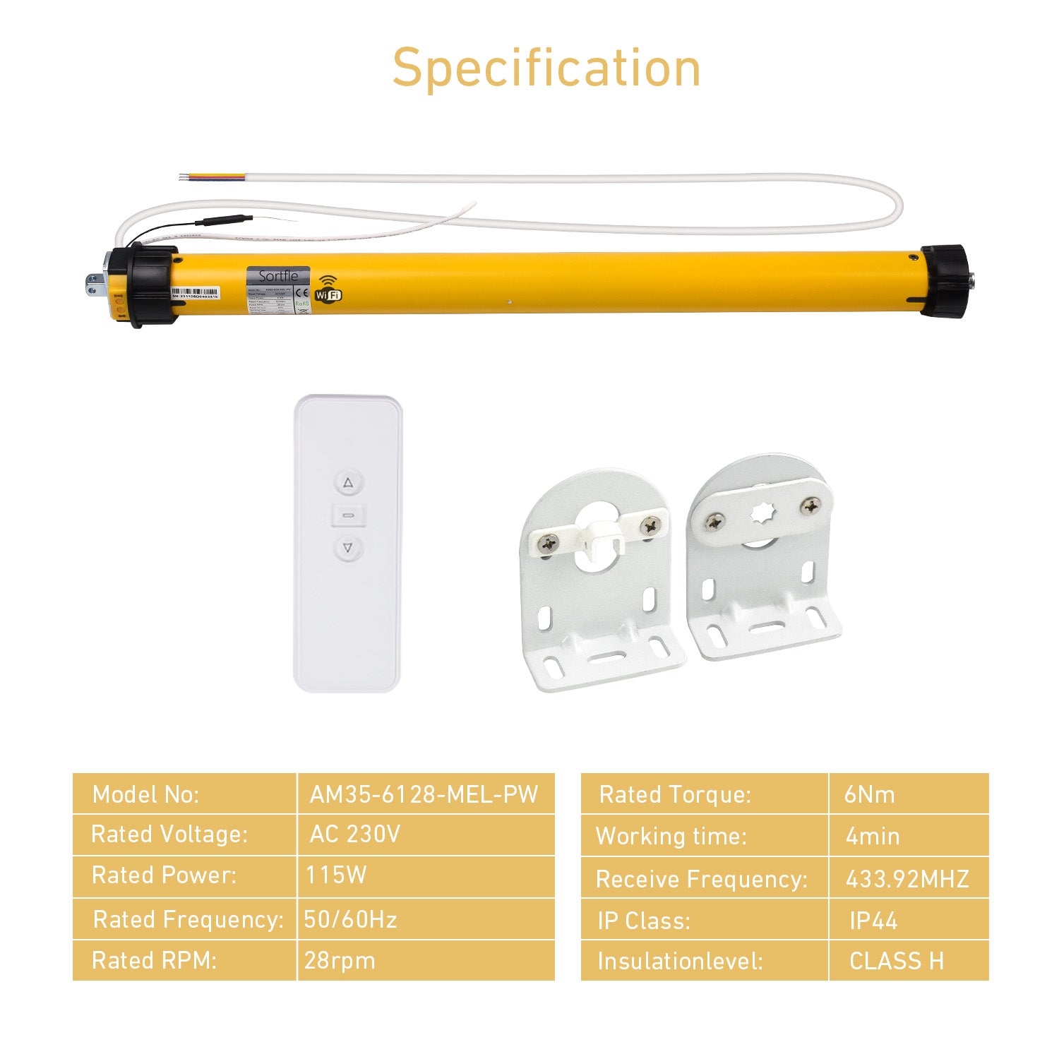 Rollerhouses AM35-6/28-MEL-PW WiFi Awnings Tubular Motor for 1.75-2 Inches (50-63mm) Tubes, AC120V Power Supply.